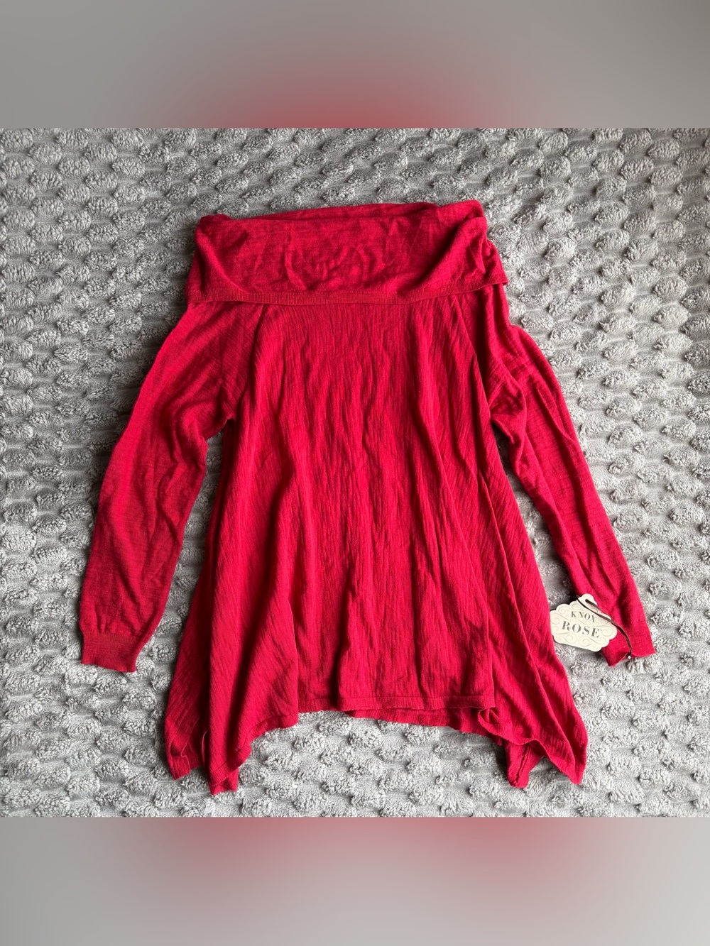 Red Off the Shoulder Sweater Tunic Top Flared Y2K Boho Knit